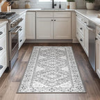 Lessymo 2 x 6 Runner Rug for Hallway, Machine Washable Entryway Rugs Boho Faux Wool Low Pile Long Rug for Bedroom, Floral Medallion Vintage Rugs with Non-Slip Rubber,Grey Beige