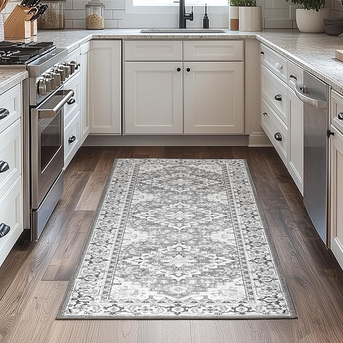 Lessymo Runner Rug for Hallway, Machine Washable Entryway Rugs Boho Faux Wool Low Pile Long Rug for Bedroom, Floral Medallion Vintage Rugs with Non-Slip Rubber, 2.6 x 8, Grey Beige