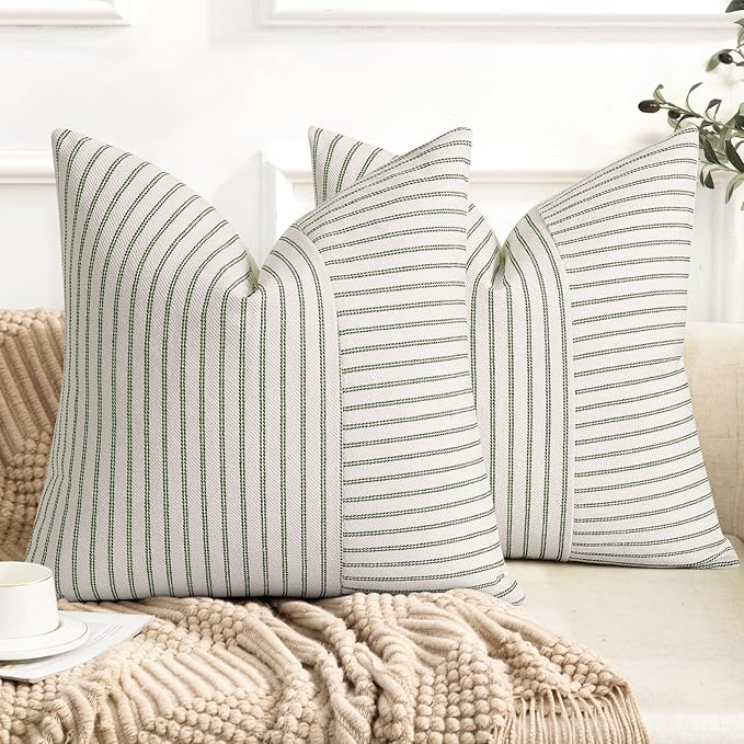 YCOLL Farmhouse Pillow Covers 22x22, Modern Accent Square Throw Pillow Covers Set of 2, Olive Green and Beige Striped Patchwork Linen Decorative Cushion Covers for Couch Chair Bedroom Home Decor