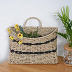 Handmade Seagrass Woven Hanging Basket with Black Cotton Rope - 11.81 x 4.33 x 7.87 Inches - Ideal for Wall Decor & Storage (Half-moon opening)