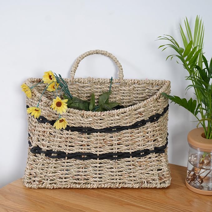 Handmade Seagrass Woven Hanging Basket with Black Cotton Rope - 11.81 x 4.33 x 7.87 Inches - Ideal for Wall Decor & Storage (Half-moon opening)
