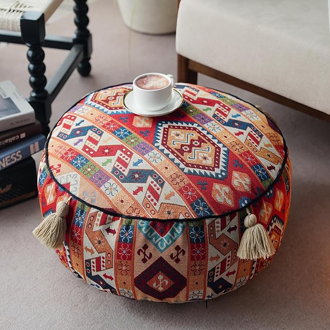 Boho Unstuffed Pouf Cover Ottoman Footrest Indian Mexcian Foot Stool Floor Bean Bag Floor Chair Storage for Living Room Bedroom Decor (Boho Red, Round)