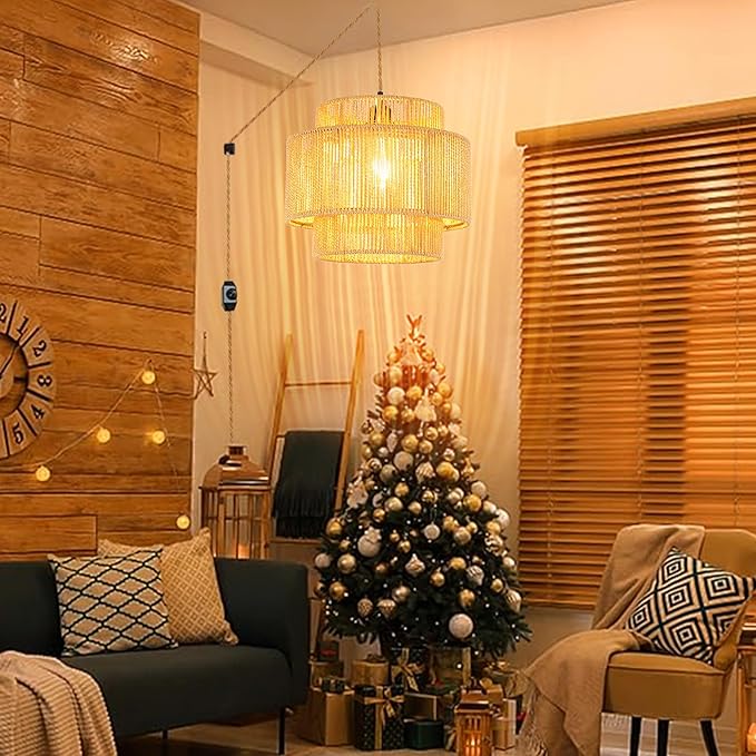 Plug in Pendant Light Hanging Lights with Plug in Cord Hanging Lamp Boho Rattan Dimmable Wicker Bamboo Woven Shade Hemp Rope Ceiling Light Fixture for Living Room Bedroom Kitchen