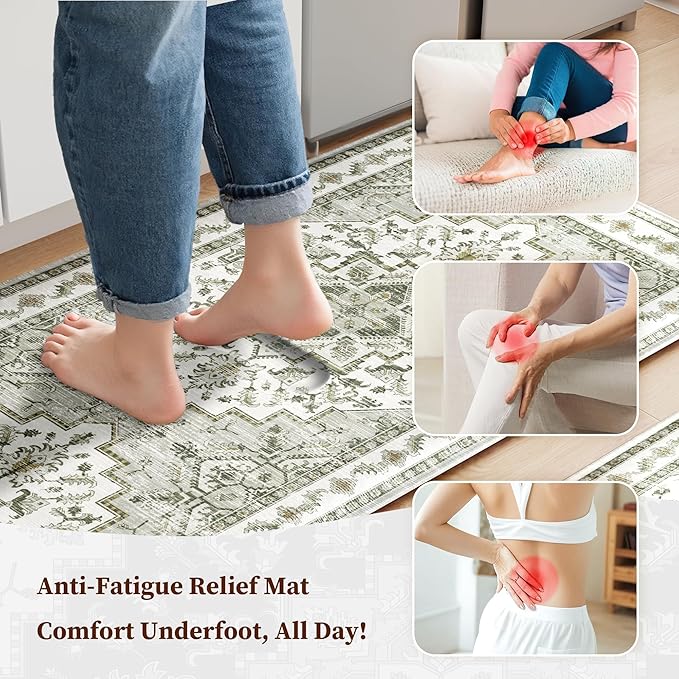 Boho Kitchen Mats for Floor 2 Piece Set Anti Fatigue Cushioned PVC Kitchen Rugs Non Slip Waterproof Farmhouse Mats 2/5 Inch Comfort Standing Mat for Laundry, 17.3"x47"+17.3"x28", Green-Tinted Grey