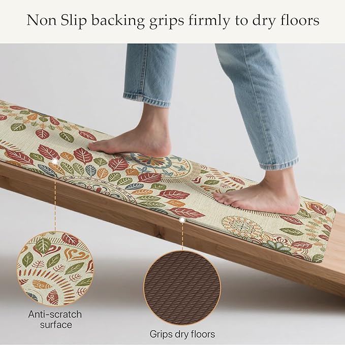 GENIMO Kitchen Mats for Floor 2PCS, Cushioned Kitchen Rugs Non Slip Washable, Farmhouse Anti Fatigue Mat Waterproof, Comfort Standing Mat Rug for Office, Home, Laundry, 17.3"x47"+17.3"x30", Beige&Red