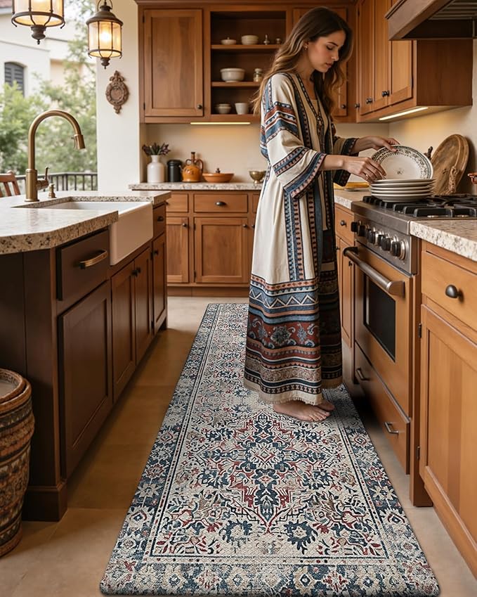 DEXI Kitchen Mats for Floor Cushioned, 23x86 Extra Large Long Runner Rug Non Slip, Waterproof Soft Comfort Standing Padded Anti Fatigue Decorative, Blue Red
