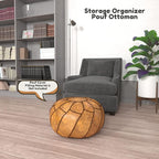 Moderner Faux Leather Pouf Unstuffed Ottoman Moroccan Footstool, Floor Footrest Cushion, Storage Solution - Natural Brown Color (Camel, Round)