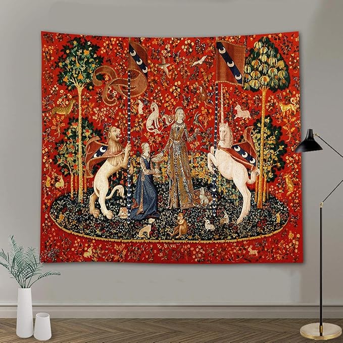 FEASRT Medieval Princess Tapestry Maiden and Unicorn - European Royal Tapestry, 60x51 Inches Soft Flannelette, for Living Room Royal Historical Decor