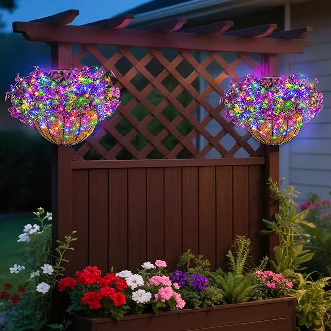 GOESWELL Wall Hanging Basket with Artificial Flowers: Fake Plants Basket with RGB String Lights for Fall Outdoor Decor - Solar Flowers Baskets with Faux Silk Flower for Front Porch Patio Garden Decor