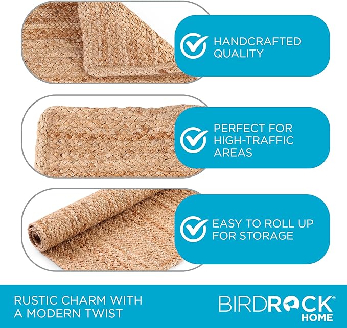 BIRDROCK HOME 3x5 Jute Rug – All-Natural, Soft & Durable – Perfect for Entryways, Kitchens, or Layering – Classic Neutral Tones, Handcrafted & Braided
