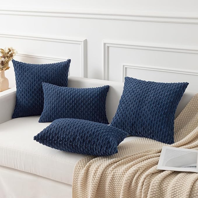 Kevin Textile 14x20 Inch Pillow Cover 1 Pack Boho Decorative Soft Striped Corduroy Lumbar Farmhouse Color Accent Rectangle Cushion Case for Living Room Couch Sofa Bed, Navy Blue
