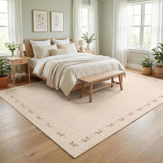 GarveeHome Washable Area Rugs 8x10 Bow Neutral Beige Rug Non Slip Living Room Rug Soft Rugs for Bedroom Low Pile Stain Resistant Carpet for Nursery Dining Room Playroom, Beige