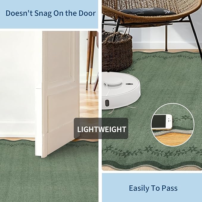 GarveeHome 2x6 Scalloped Washable Runner Rug for Kitchen, Soft Green Hallway Runner Non Slip Entryway Rug Farmhouse Thin Laundry Mat Stain Resistant Carpet for Bedroom Bathroom Beside Rug