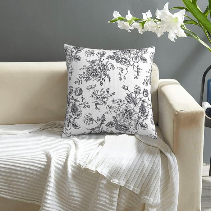 Dark Grey and White Floral Throw Pillow Covers 18x18 Set of 2, Vintage Flower Rustic Farmhouse Pillow Covers Outdoor Decorative Pillow Case for Couch Bed Sofa Cushion Home Decor