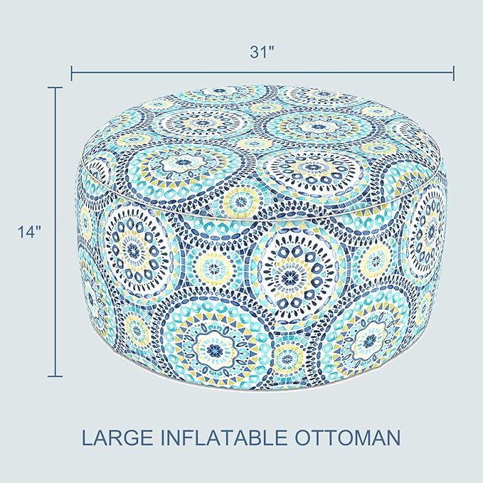 LVTXIII Indoor/Outdoor Extra Large Inflatable Ottoman Pouf D31 x H14 Inch, Round Footstool with Handle, Weather-Resistant Portable Furniture for Patio, Camping, Beach, Delancey Lagoon