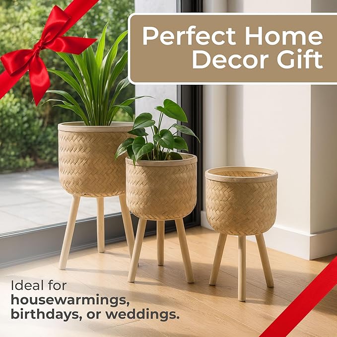 Set of 3 Decorative Planter Pots with Wooden Legs – Bamboo & Pine – Indoor & Outdoor Modern Plant Pot – Decorative Pots for Plants & Home Decor Planters – 22", 26", 30", White
