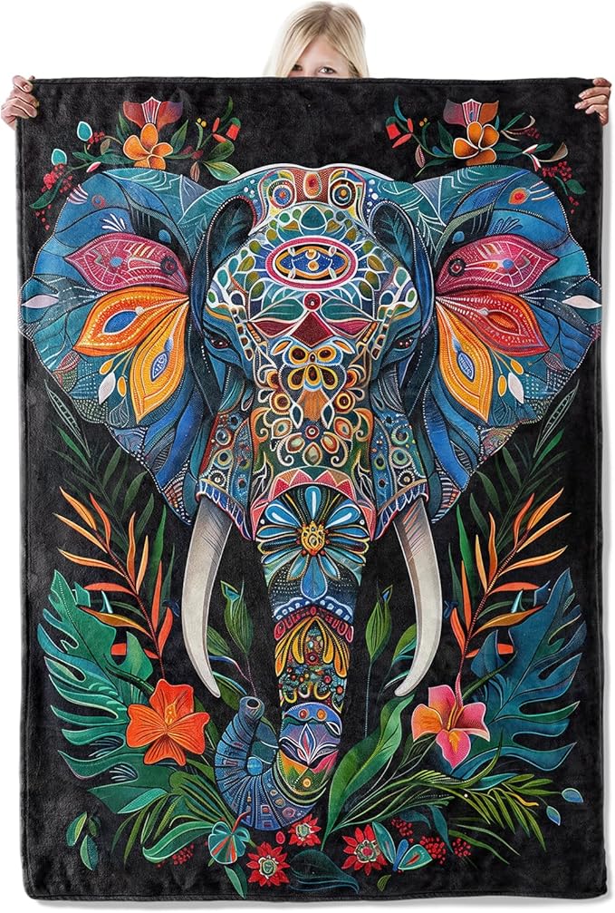 Tribal Elephant Flannel Blanket 50x60in,Vibrant Colorful Mandala Boho Design with Jungle Floral Accents,Soft Lightweight Throw for Nature Lovers,Bohemian Decor and Spiritual Soul Gifts Blankets