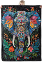 Tribal Elephant Flannel Blanket 50x60in,Vibrant Colorful Mandala Boho Design with Jungle Floral Accents,Soft Lightweight Throw for Nature Lovers,Bohemian Decor and Spiritual Soul Gifts Blankets