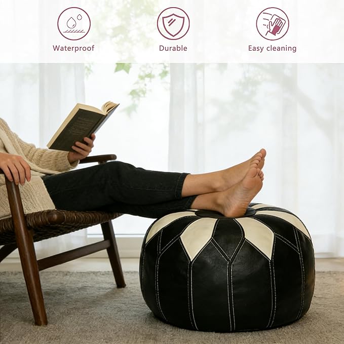 Thgonwid Unstuffed Moroccan Faux Leather Pouf Ottoman with Storage - Handmade Boho Chic Multi-Use Footrest for Living Room, Bedroom, Patio - Round Ethnic Floor Cushion & Decorative Accent, Black&White