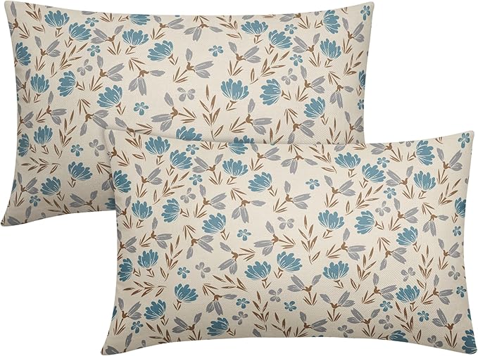 Brown Blue Grey Floral Pillow Covers 12x20 Set of 2 Vintage Rustic Old Style Cute Small Flower Print Rectangle Decorative Outdoor Pillowcases Farmhouse Throw Cushion Case Decor for Couch Sofa Bed