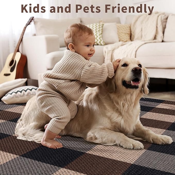 Tangsoo Checkered Easy Jute Rug,3x5 Washable Area Rug for Bedroom,Non-Slip Black Indoor Outdoor Rug Modern Farmhouse Low Pile Carpet for Patio Backyard Entryway