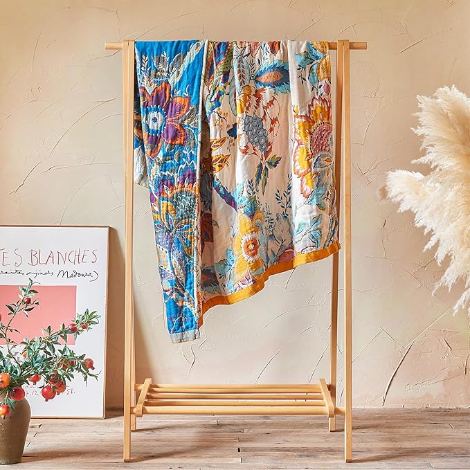 Boho Throw Blanket - 90"x90" 100% Cotton Ultra Soft Lightweight Spring Blanket, 4-Layer Breathable Muslin Blankets for Bed Couch, Reversible Green Floral Butterfly Printed Bohemian Cotton Quilt