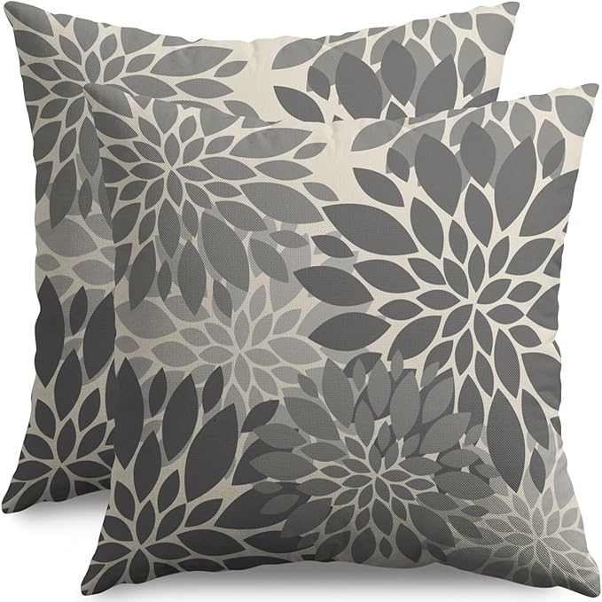 Grey Gray Pillow Covers 24X24 Inch Set of 2, Dahlia Flower Spring Summer Floral Cream Decorative Throw Pillow Covers Outdoor Modern Farmhouse Cushion Case for Home Couch Sofa Bed Decor