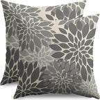 Grey Gray Pillow Covers 24X24 Inch Set of 2, Dahlia Flower Spring Summer Floral Cream Decorative Throw Pillow Covers Outdoor Modern Farmhouse Cushion Case for Home Couch Sofa Bed Decor