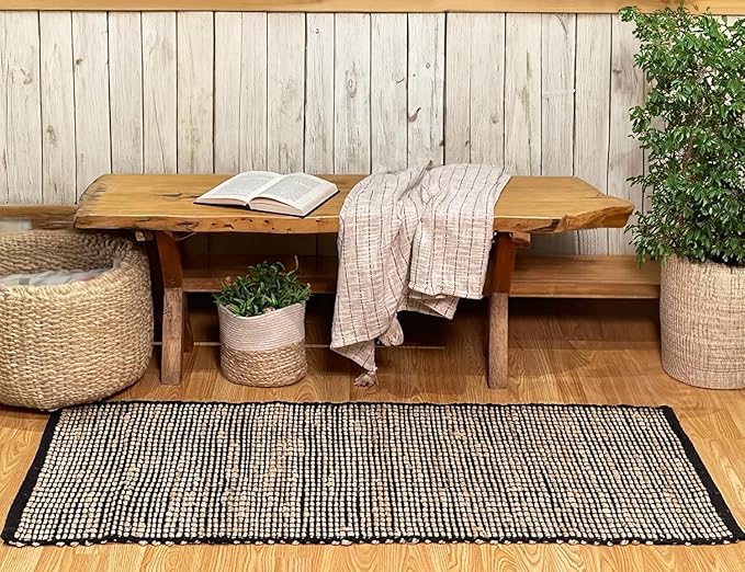 Chardin home 2x5 Jute Cotton Hand Woven Runner Rug | Braided Hallway Rug, Boho Rustic Style, Natural Jute/Black | Farmhouse Vintage Rugs for Entryway, Hallway, Foyer, or Kitchen