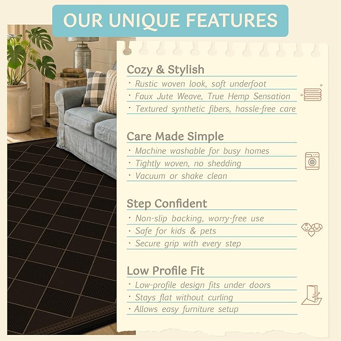 Outdoor Indoor Checkered Entryway Rug 3x4, Washable Durable Non-Slip Low Pile Boho Easy Jute Rug for Porch, Kitchen, Patio & Backyard, Modern Dark Brown Diamond Geometric Pattern Stain Resistant