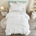 WONGS BEDDING Comforter Full Size, White Ruffle Comforter for Dorm Room Essentials for Full Bed, Soft Seersucker Textured Bedding Set Full Size Comforter Sets for Girls 90"×78"