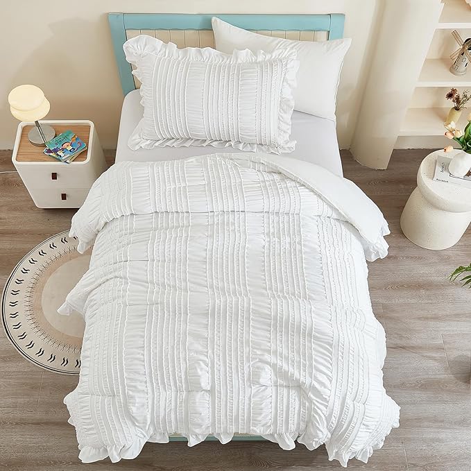 WONGS BEDDING White Comforter Set Twin, 3 Pieces Ruffle Shabby Chic Comforter for Dorm Room Essentials for Twin Bed, Soft Seersucker Bedding Set with 1 Ruffle Comforter, 2 Tufted Pillowcases 86"×68"