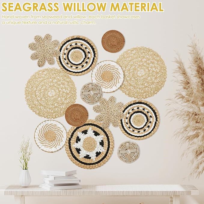 13 Pack Boho Wall Basket Decor Set, Hanging Woven Seagrass Rattan Wicker Boho Wall Decor, Round Farmhouse Wall Hanging Baskets Rustic Flat Wall Art for Living Room Bedroom Kitchen (Style 10)