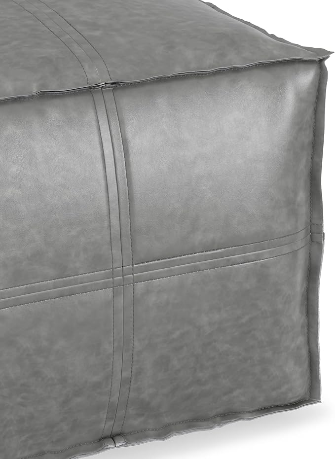 SIMPLIHOME Brody Square Pouf - 18 inch Wide Upholstered Vegan Leather Ottoman in Distressed Grey, Boho Footstool, Coffee Table or Extra Seating for Living Room or Bedroom, Assembled