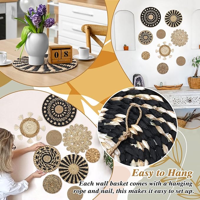 LOMOHOO Set of 9 Boho Wall Basket Decor Wicker Woven Wall Basket Decorations Bohemian Handcrafted Round Basket Hanging decor Bulrush Wall Art Decors for Living Room Rustic Home