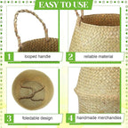 Qunclay 4 Pcs Woven Seagrass Baskets Belly Basket Folding Boho Natural Plant Pot with Handles Round Decorative Wicker Large Indoor Planter for Home Outdoor Tree Planters Decor (XL,12''dx13.8''h)