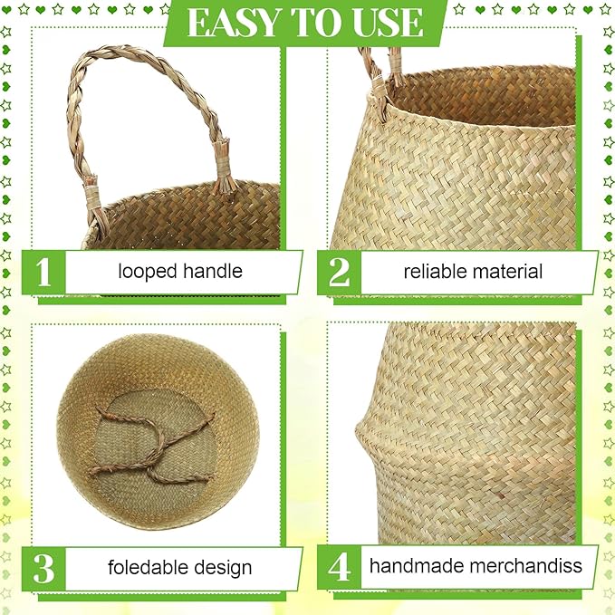 Qunclay 4 Pcs Woven Seagrass Baskets Belly Basket Folding Boho Natural Plant Pot with Handles Round Decorative Wicker Large Indoor Planter for Home Outdoor Tree Planters Decor (XL,12''dx13.8''h)