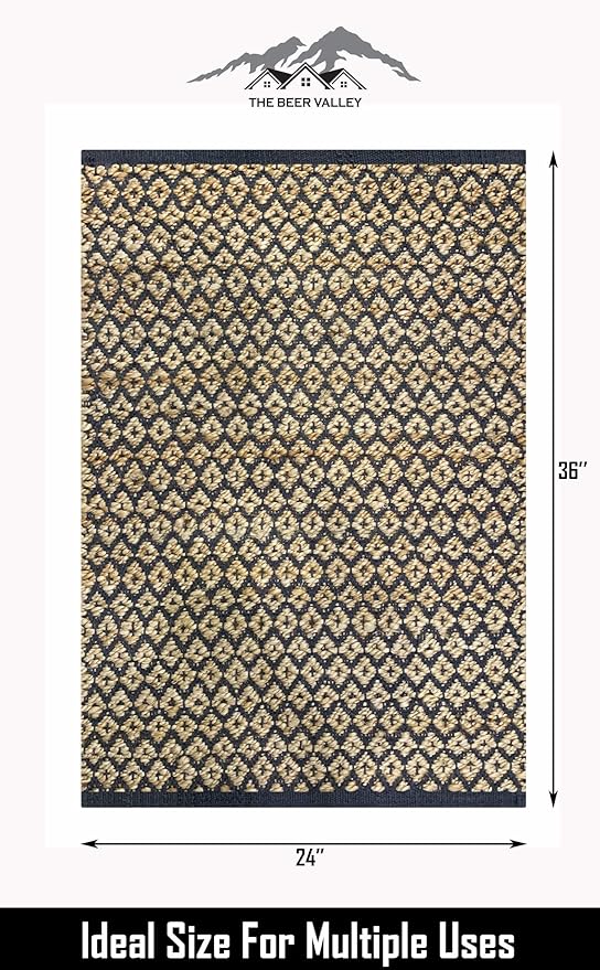 Jute Cotton Diamond Area Rug 2x3 Feet - Grey Natural, Reversible Soft Durable Floor Carpet Ideal for Entryway, Living Room, Kitchen | Farmouse Decorative Samll Neutral Rugs for Laundry Room