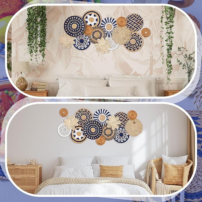 Xuhal 15 Pcs Boho Wall Basket Decor Handcrafted Seagrass Woven Wall Basket Rustic Round Woven Hanging Art for Home Farmhouse Kitchen Table Living Room(Blue Classic Style)