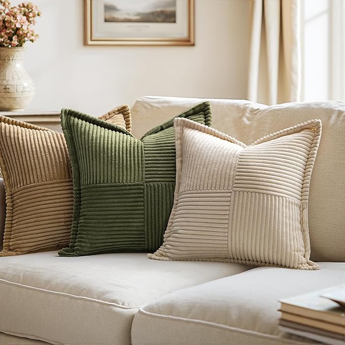 MIULEE Olive Green Corduroy Decorative Euro Sham Pillow Covers 24x24 Inch with Splicing Set of 2 Soft Boho Pillow Covers Broadside Textured Summer Pillowcases for Couch Bed Livingroom
