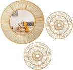 Yerliker 3 Pcs Boho Mirror Wall Decor Large Mounted Mirror with Natural Jute 19.7 Inch 11.8 Inch Frame Wall Hanging Art Coastal Room Decorative Rustic Round Mirrors for Nursery Bathroom Living Bedroom