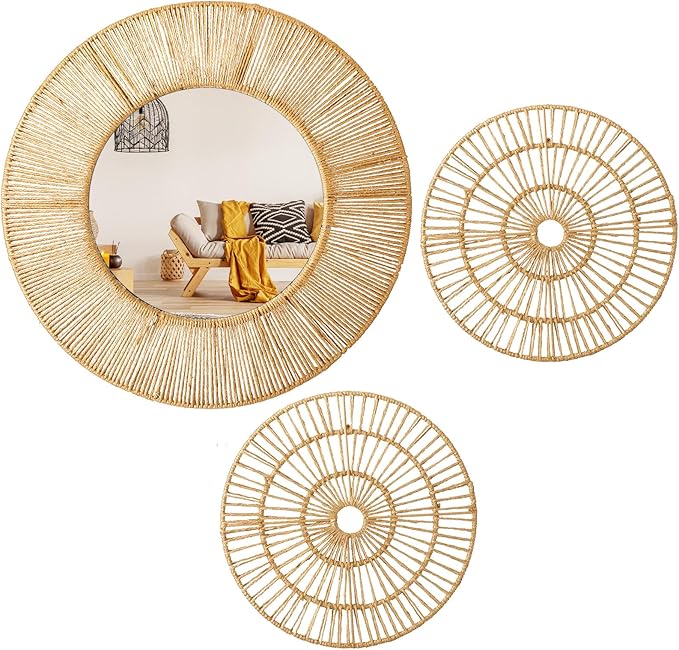Yerliker 3 Pcs Boho Mirror Wall Decor Large Mounted Mirror with Natural Jute 19.7 Inch 11.8 Inch Frame Wall Hanging Art Coastal Room Decorative Rustic Round Mirrors for Nursery Bathroom Living Bedroom