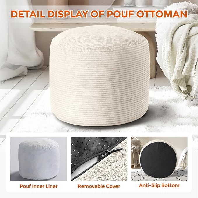 Pouf Ottoman Foot Rest, Comfortable & Soft, Round Footstool for Living Room, Bedroom, Office, Room Decoration, Corduroy Foot Stool Pouf with Odorless & Anti-Clump Filling, Small Beige