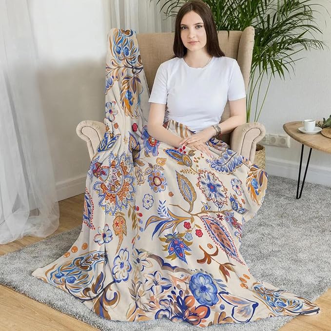 Boho Floral Throw Blanket, Bohemian Soft Cozy and Warm Couch Blankets Gift for Flower Lover, Decorative Blankets for Sofa Couch Bed, Gray Blue 50×60 inches