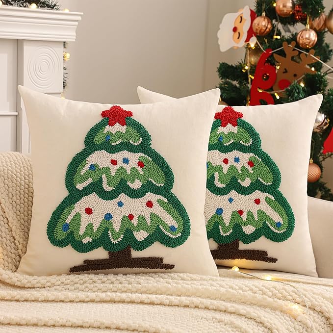 Tosleo Christmas Tufted Pillow Covers 18 x 18 inch Set of 2 Green Xmas Tree with Red Star Throw Pillow Cover Party Decor Winter Holiday Embroidery Cushion Case for Sofa Couch Bed Living Room