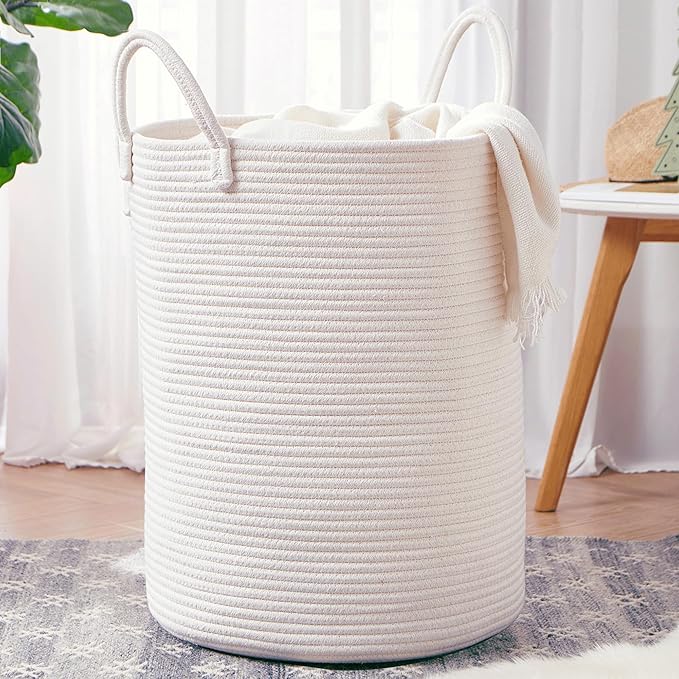 80L White Woven Hamper Laundry Basket Cotton Rope Blanket Basket for Living Room Tall Clothes Hamper for Baby Nursery Kids in Bedroom Extra Large 16"L x 16"W x 22"H
