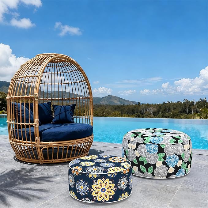 Indoor/Outdoor Inflatable Ottoman, Water Repellent Round Foot Rest Ottomans D31 x H14 inch, Portable Footstool for Patio Garden Camping or Home, Peony Garden