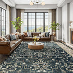 Dark Large 10x14 Area Rugs, Washable Non Slip Big Rug for Living Room Bedroom, Distressed Medallion Vintage Big Carpet Rugs for Dinig Room Family Rooms, Low Pile Thin, Midnight/Multi
