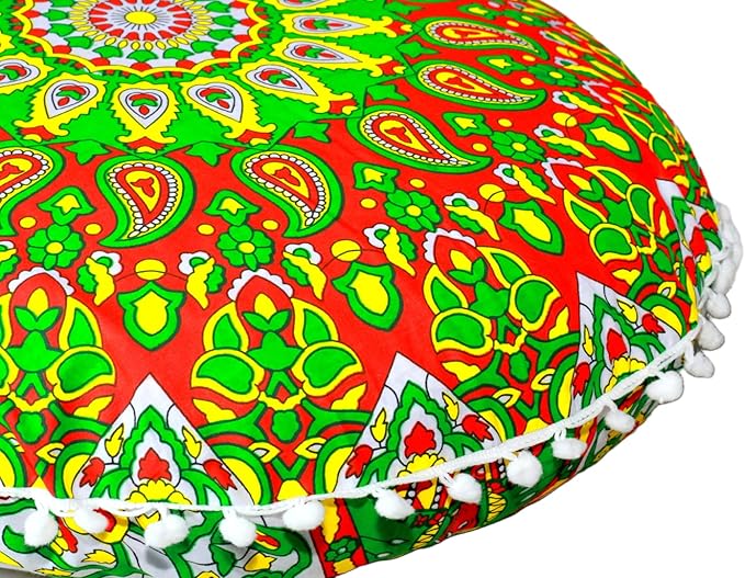 CRAFT KALA 22" Round Mandala Comfort Meditation Floor Pillow Cover, Large Pillows Seating Cover for Adults, Cushions Cover for Outdoor Yoga Fireplace Living Room Ottoman Cover Green Red Flower