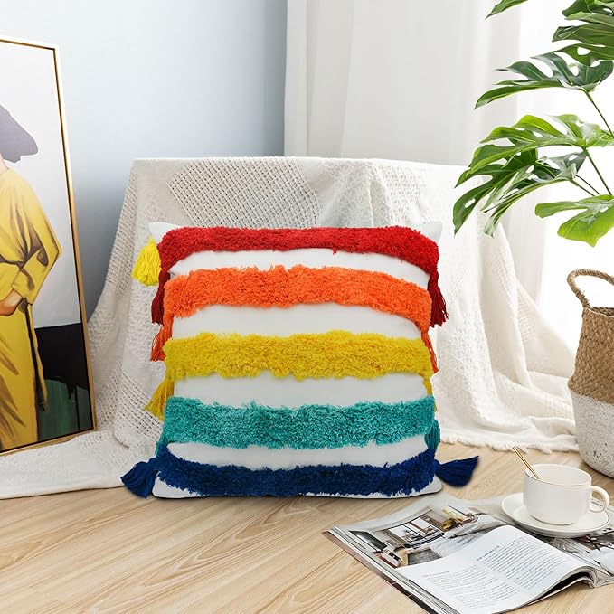 LIGICKY Rainbow Pillow Covers Cute Colorful Pillows Boho Tufted Throw Pillows with Tassel Home Decorative Cushion Case for Girls Room Decor Kids Playroom Bed Sofa Couch 18x18 Inch